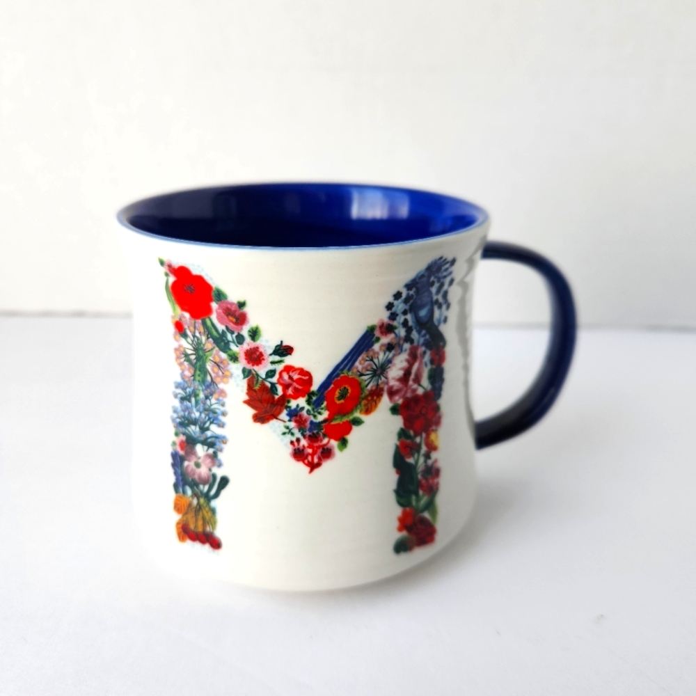 Anthropologie Floral Monogram Letter "M" Mug with Blue Interior